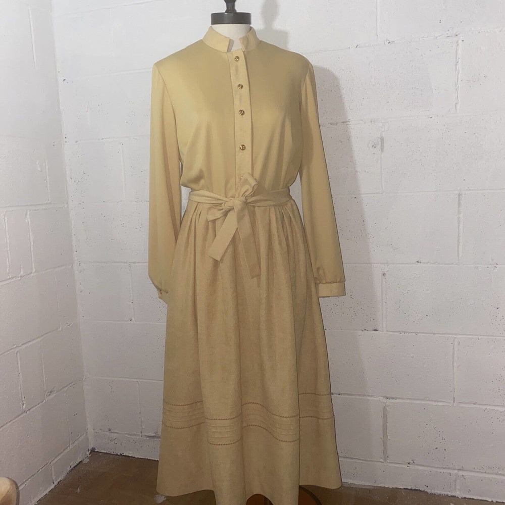 Vintage Herman Marcus 60s Yellow Size 14 Mock Suede Mid Mod belted Fall dress‎